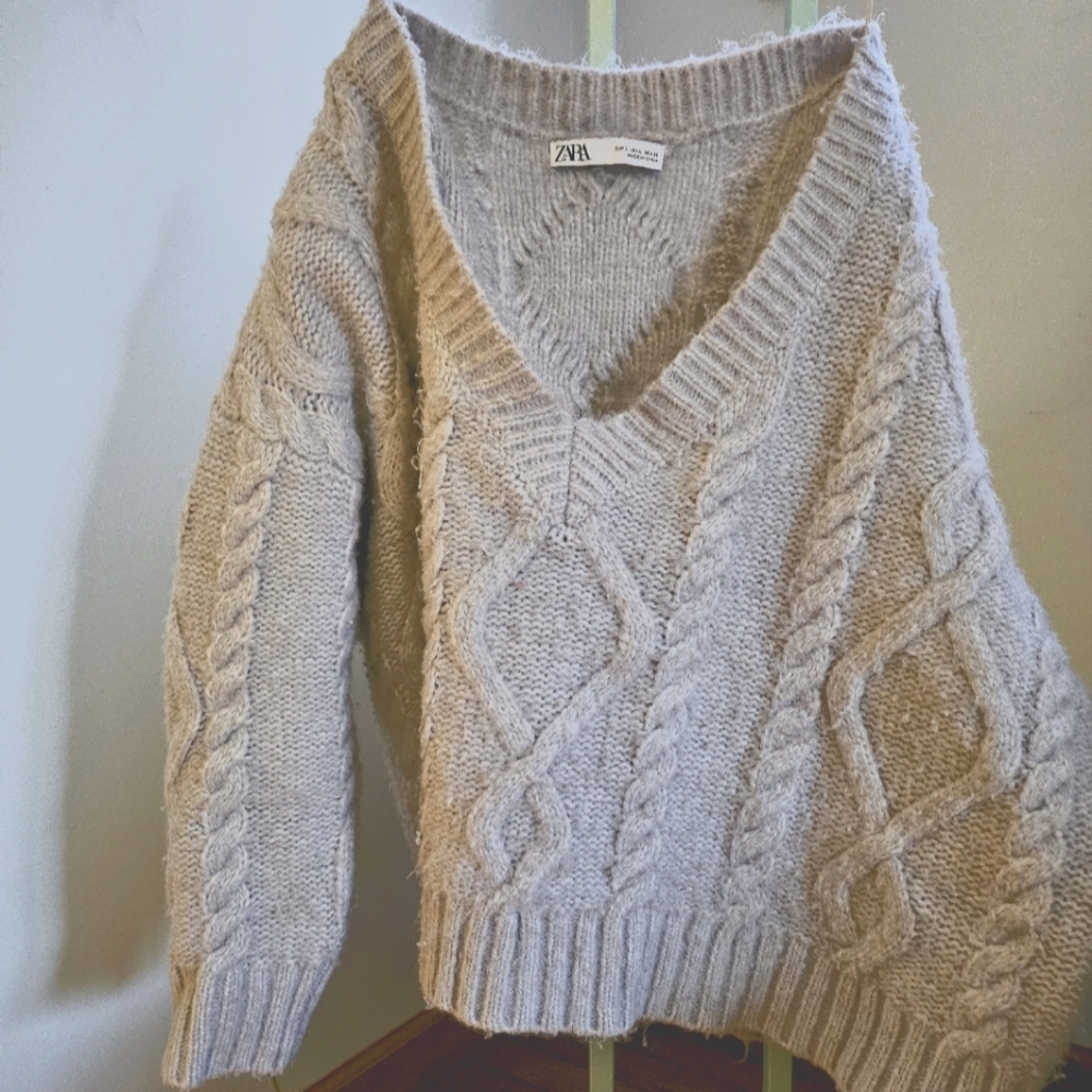 Zara Cropped Sweater Gray Cable Knit Chunky Oversized Women's Size Large